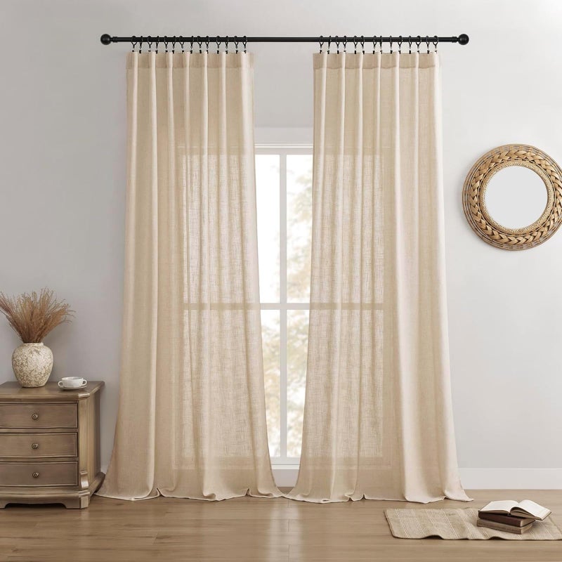 Joydeco Linen Curtains 96 Inch Length 2 Panel Sets,Light Filtering Curtains for Bedroom 52 Inch Wide Living Room Drapes with Back Tabs & Rod Pockets (W52 x L96 Inch, Ecru) - Image 1