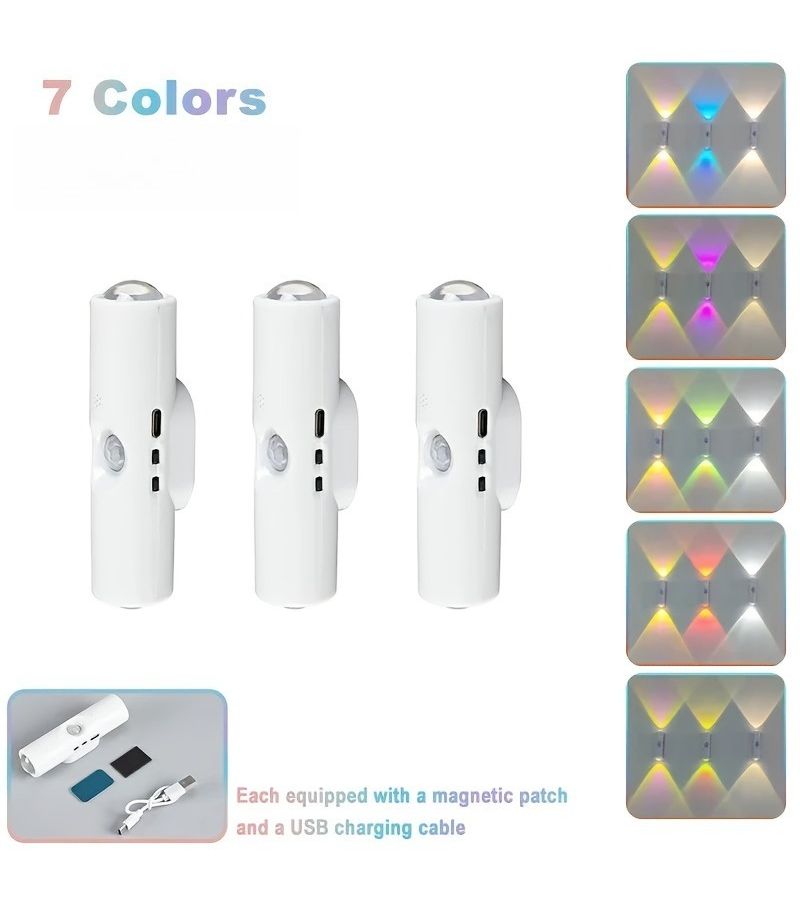 4 قطع من الإضاءة المحيطة LED بألوان RGB وضوء دافئ ثلاثي الألوان، مع مستشعر حركة يعمل بالاستشعار البشري ومفتاح تلقائي، 3 ألوان قابلة للتعتيم، شحن عبر USB، تركيب على الحائط مع استشعار عين القطة، استخدام مزدوج لغرفة المعيشة وغرفة النوم وخزانة الملابس. - Image 2