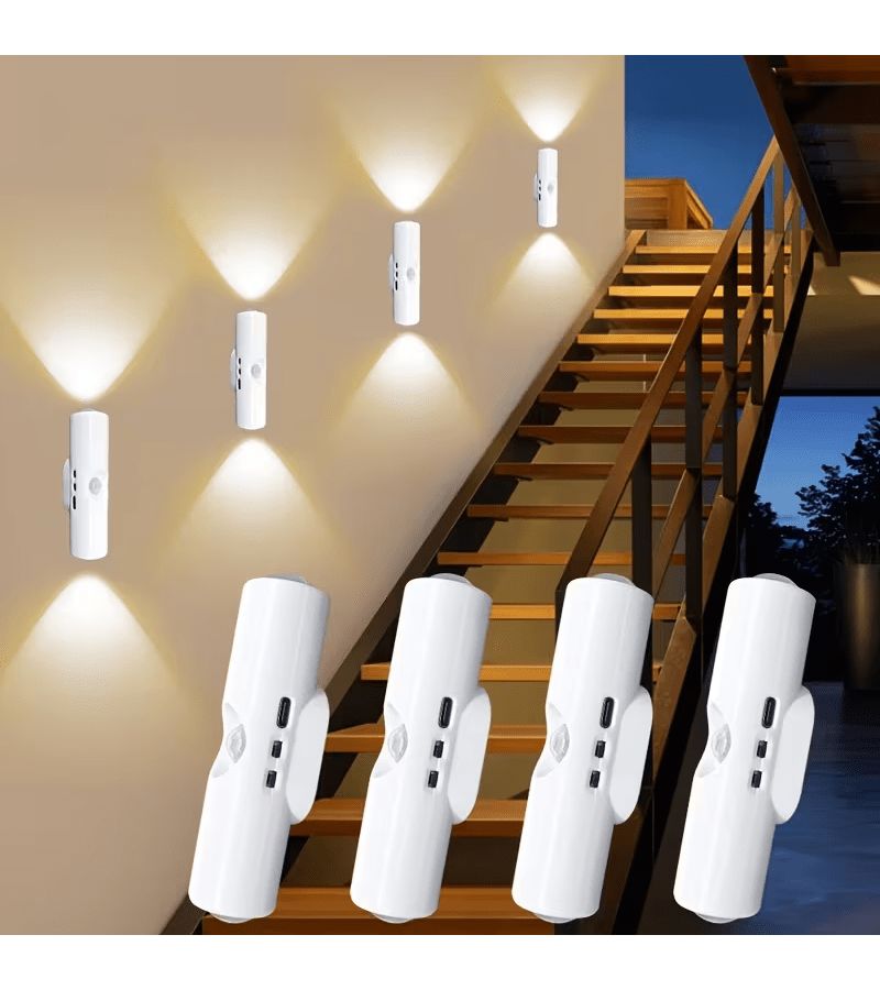 4 قطع من الإضاءة المحيطة LED بألوان RGB وضوء دافئ ثلاثي الألوان، مع مستشعر حركة يعمل بالاستشعار البشري ومفتاح تلقائي، 3 ألوان قابلة للتعتيم، شحن عبر USB، تركيب على الحائط مع استشعار عين القطة، استخدام مزدوج لغرفة المعيشة وغرفة النوم وخزانة الملابس. - Image 1