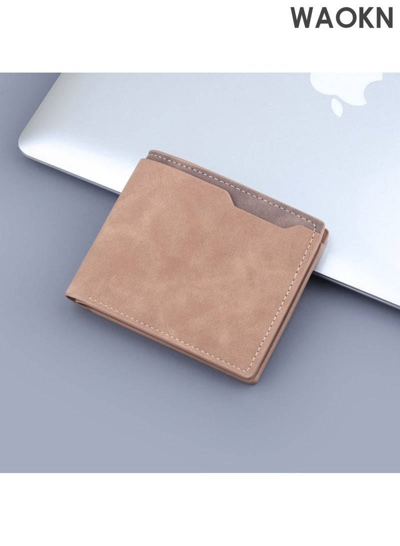 WAOKN Men's wallet with large capacity, multiple card slots, multifunctional zipper coin pocket, men's short two fold wallet, men's frosted leather wallet, men's leather wallet with simple appearance and retro business style. - Image 5
