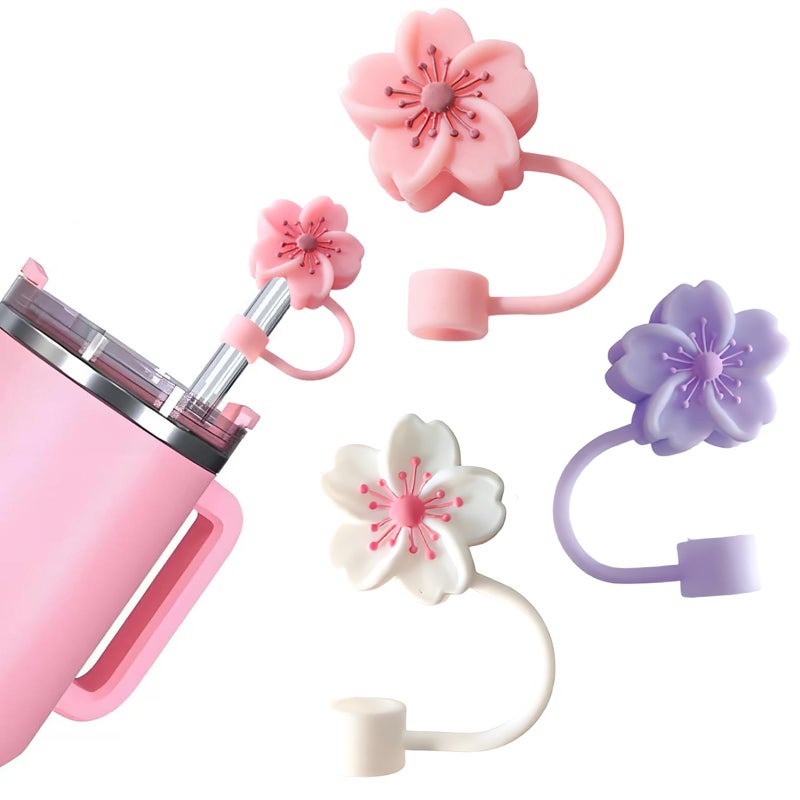 BTYHAOS Silicone Straw Caps for 10mm Tumblers | Reusable Dust-Proof Straw Toppers Compatible with Stanley 30oz & 40oz Tumblers (Purple Flower 3pc) - Image 1