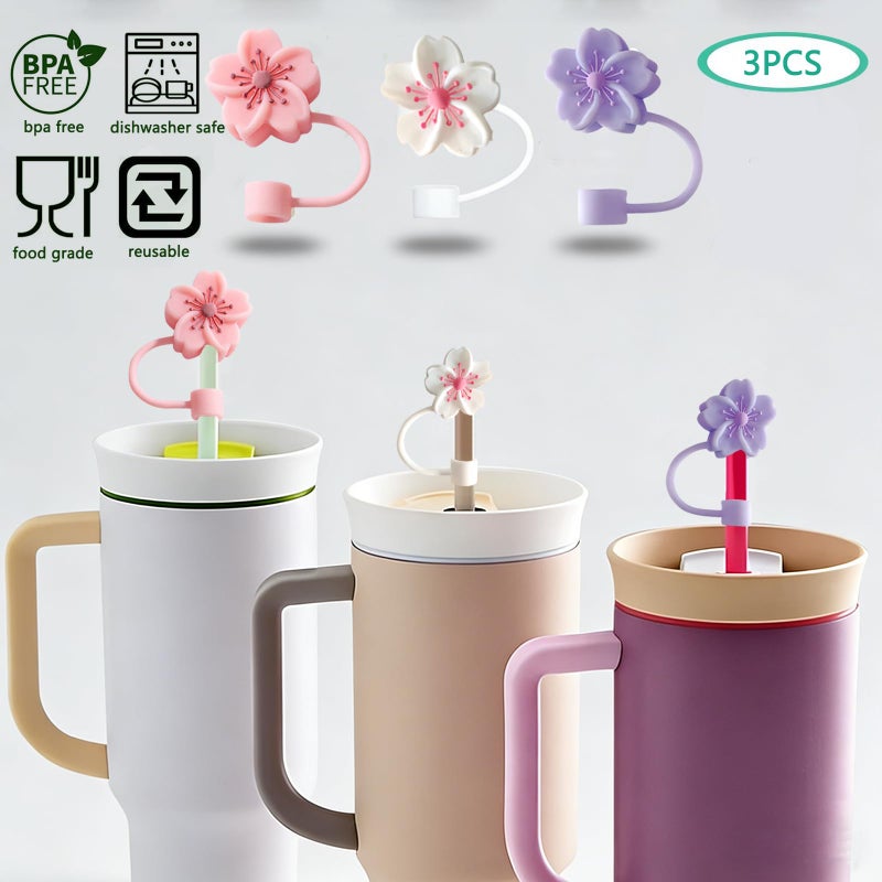 BTYHAOS Silicone Straw Caps for 10mm Tumblers | Reusable Dust-Proof Straw Toppers Compatible with Stanley 30oz & 40oz Tumblers (Purple Flower 3pc) - Image 2