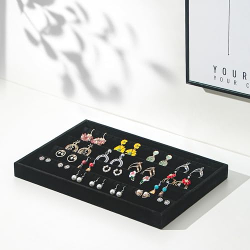 Coward 2PC Black Velvet Stackable Earring Tray Drawer Jewelry Holder Organizer Box Storage Earring Display Stand for Home Drawer or Store Selling (earring+earring) - Image 2