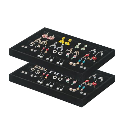 Coward 2PC Black Velvet Stackable Earring Tray Drawer Jewelry Holder Organizer Box Storage Earring Display Stand for Home Drawer or Store Selling (earring+earring) - Image 1