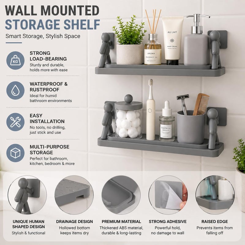 Set Of Two Self Adhesive Bathroom Shelf, Wall Mounted Storage Shelf with Human Support Bracket, No Drilling Bathroom Organizer, Waterproof Plastic Shower Shelf for Bathroom, Kitchen & Toilet - Image 3