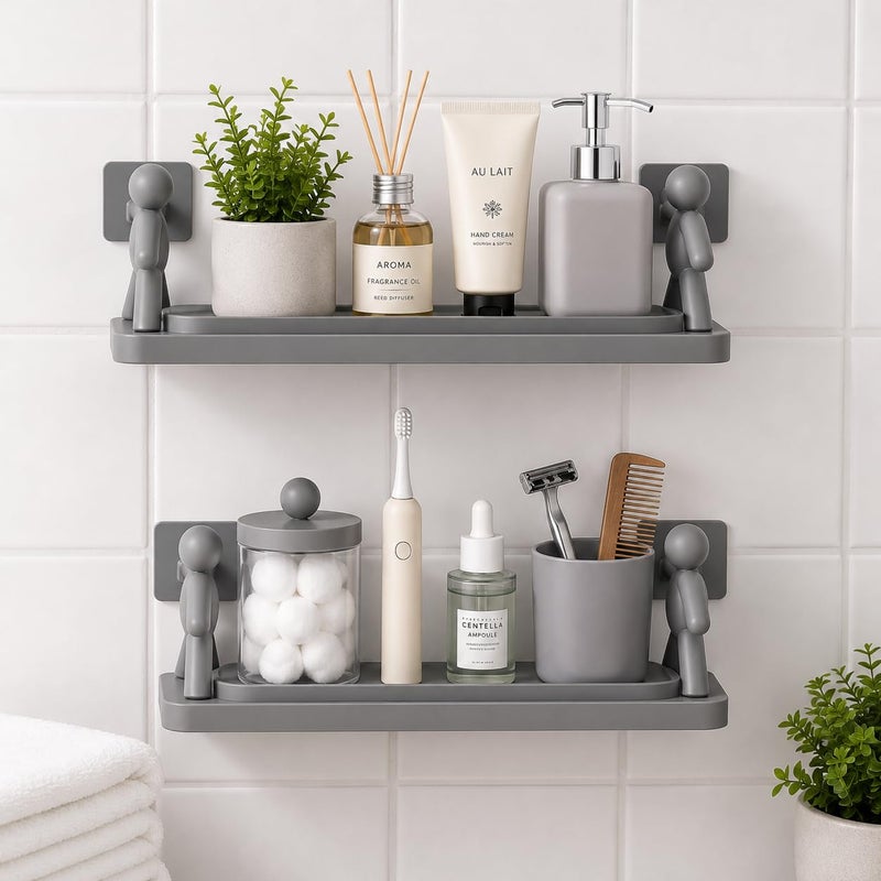 Set Of Two Self Adhesive Bathroom Shelf, Wall Mounted Storage Shelf with Human Support Bracket, No Drilling Bathroom Organizer, Waterproof Plastic Shower Shelf for Bathroom, Kitchen & Toilet - Image 1