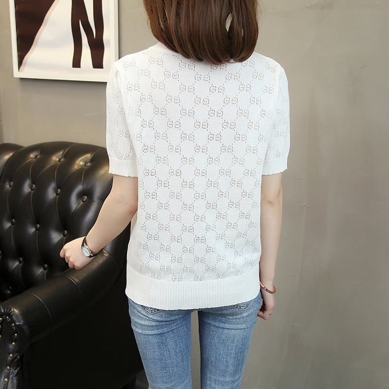 Women'S Solid Color Hollow Ice Silk Short Sleeve Knitted Casual Slim Temperament T-Shirt Clothing - Image 5