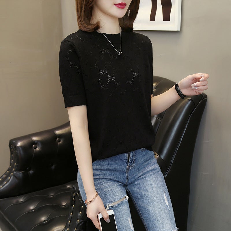 Women'S Solid Color Hollow Ice Silk Short Sleeve Knitted Casual Slim Temperament T-Shirt Clothing - Image 4