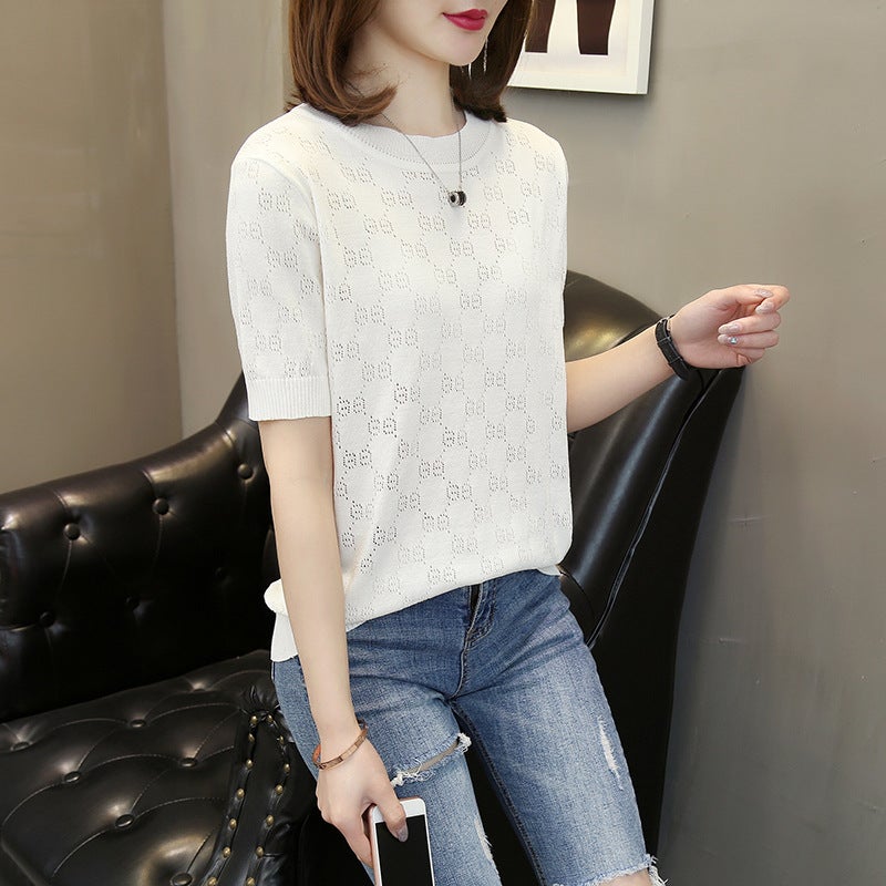 Women'S Solid Color Hollow Ice Silk Short Sleeve Knitted Casual Slim Temperament T-Shirt Clothing - Image 3