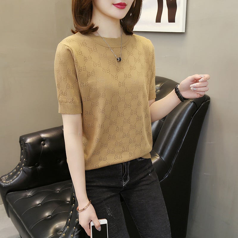 Women'S Solid Color Hollow Ice Silk Short Sleeve Knitted Casual Slim Temperament T-Shirt Clothing - Image 2