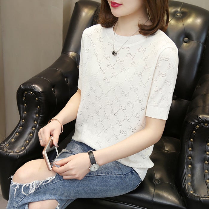 Women'S Solid Color Hollow Ice Silk Short Sleeve Knitted Casual Slim Temperament T-Shirt Clothing - Image 1