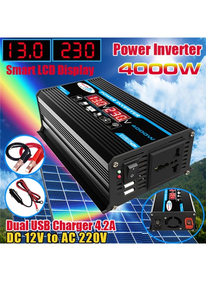 Generic 4000W Car Power Inverter DC 12V to AC 220V Converter Modified Sine Wave Inverter High Frequency Watt Power Charger Inverter with Dual USB Port Battery Clips Display Screen 