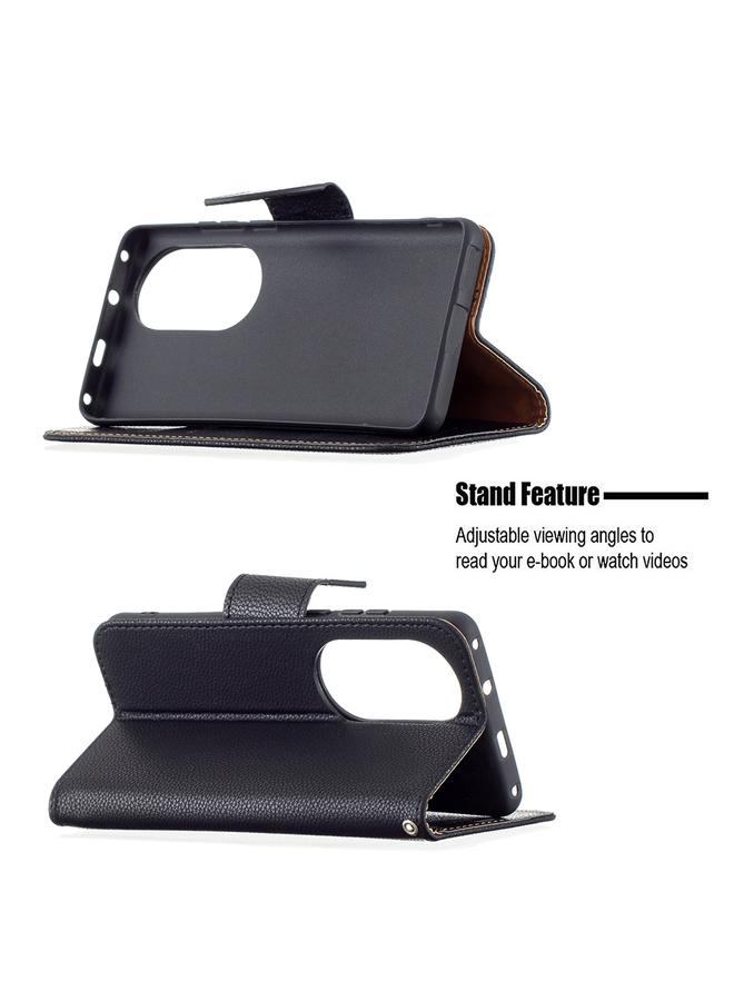 اس-توب جراب لهاتف Huawei P50 Pro من الجلد الطبيعي بتصميم أفقي قابل للطي مع حامل وفتحات للبطاقات ومحفظة وحبل تثبيت - Image 5