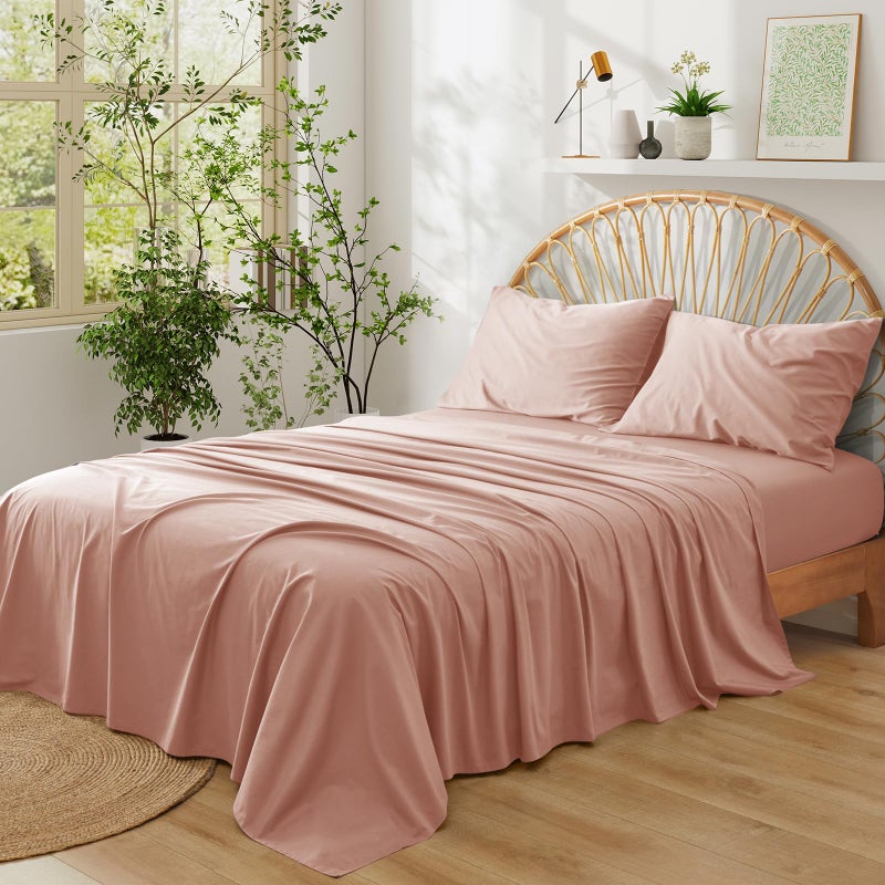 Entisn Pure Cotton Sheets Queen Size Bed Set 4 Pieces, 400 Thread Count Cotton Sheet Set with All Around Elastic for Snug Fit, All Seasons Breathable & Soft Bedding, 16 Inch Deep Pocket, Dusty Pink - Image 2