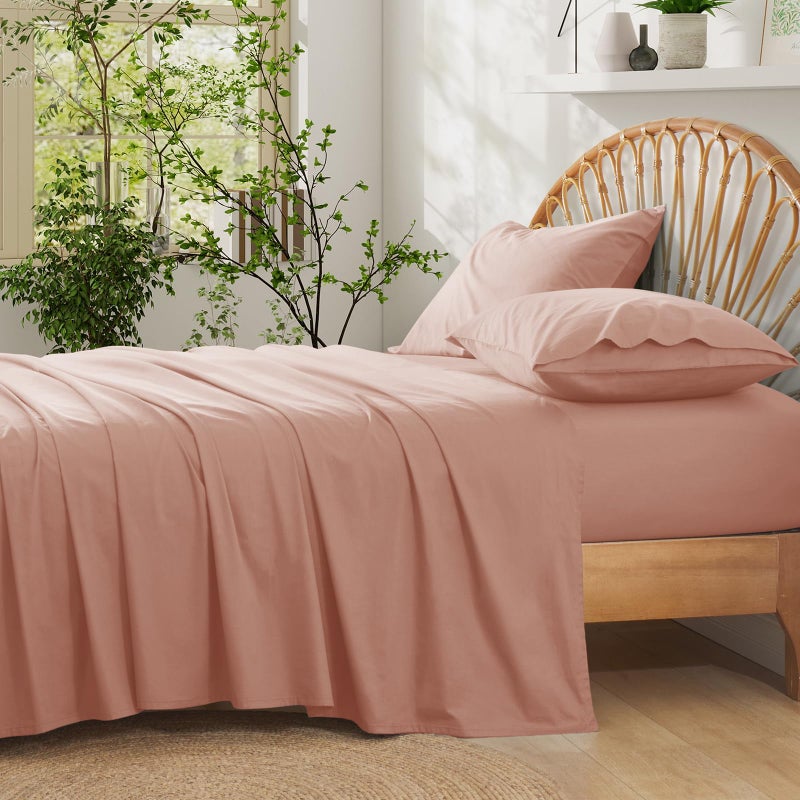 Entisn Pure Cotton Sheets Queen Size Bed Set 4 Pieces, 400 Thread Count Cotton Sheet Set with All Around Elastic for Snug Fit, All Seasons Breathable & Soft Bedding, 16 Inch Deep Pocket, Dusty Pink - Image 1