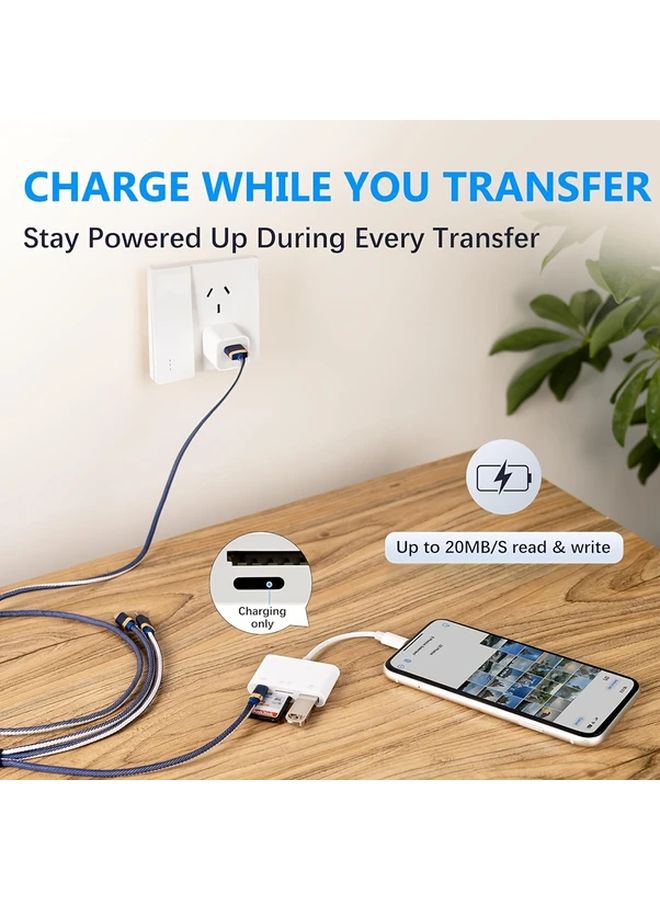 قارئ بطاقات وايت 4 في 1 البرق لأجهزة آيفون وآيباد مع منفذ SD وTF وUSB وOTG للشحن السريع المحمول - Image 2