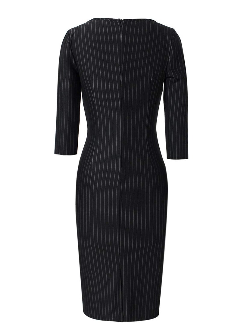 VFSHOW Womens Black and White Striped Spring Fall Slim Zipper Up Work Business Office Party Bodycon Pencil Sheath Dress 7121 BLK M - Image 4