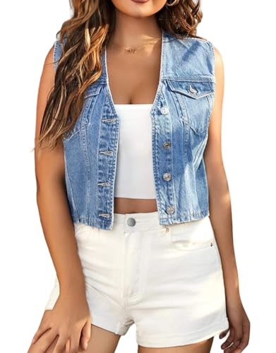LifeShe Women's Cropped Denim Vest Top Casual V Neck Button Down Sleeveless Jean Jacket Waistcoat - Image 1