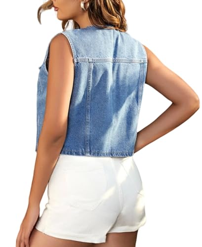 LifeShe Women's Cropped Denim Vest Top Casual V Neck Button Down Sleeveless Jean Jacket Waistcoat - Image 2