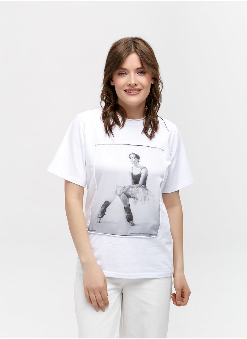 Artograph Women premium cotton white T-shirt with artist unique painting Ballet 2008  - Image 1