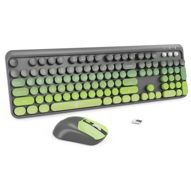 FD Wireless Keyboard and Mouse Combo | Cute Colorful Keyboard and Mouse with 2.4GHz Cordless Retro Typewriter Keyboard | Auto-Sleep | USB Receiver for Windows PC/Laptop - Grey Green Gradient - Image 1