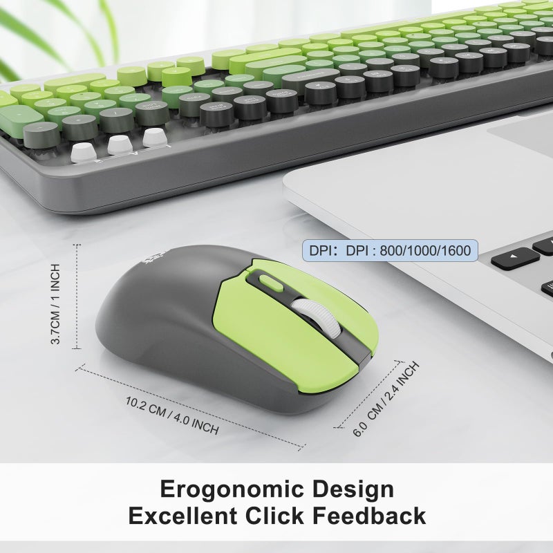 FD Wireless Keyboard and Mouse Combo | Cute Colorful Keyboard and Mouse with 2.4GHz Cordless Retro Typewriter Keyboard | Auto-Sleep | USB Receiver for Windows PC/Laptop - Grey Green Gradient - Image 4