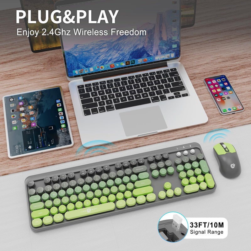 FD Wireless Keyboard and Mouse Combo | Cute Colorful Keyboard and Mouse with 2.4GHz Cordless Retro Typewriter Keyboard | Auto-Sleep | USB Receiver for Windows PC/Laptop - Grey Green Gradient - Image 2