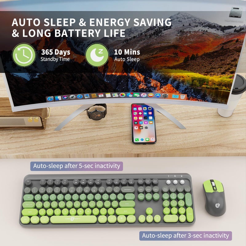 FD Wireless Keyboard and Mouse Combo | Cute Colorful Keyboard and Mouse with 2.4GHz Cordless Retro Typewriter Keyboard | Auto-Sleep | USB Receiver for Windows PC/Laptop - Grey Green Gradient - Image 5