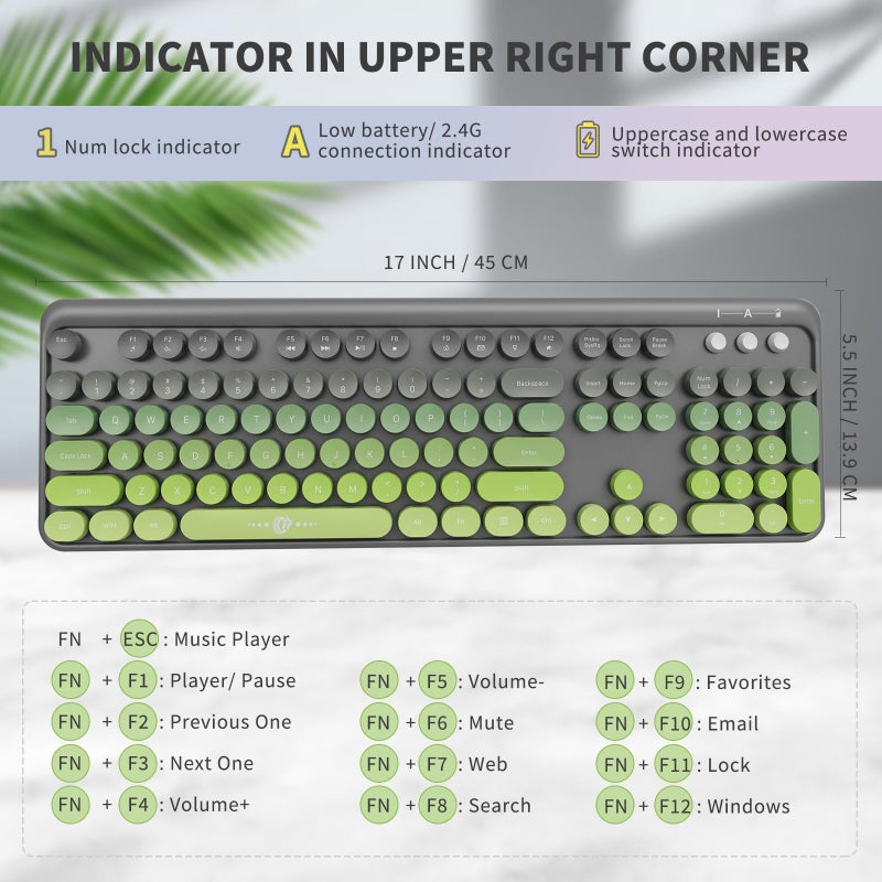FD Wireless Keyboard and Mouse Combo | Cute Colorful Keyboard and Mouse with 2.4GHz Cordless Retro Typewriter Keyboard | Auto-Sleep | USB Receiver for Windows PC/Laptop - Grey Green Gradient - Image 3