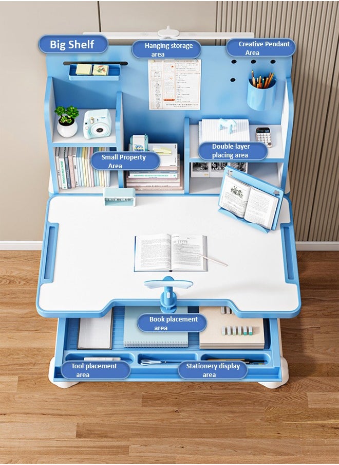 Modern Ergonomic Design Multifunction Adjustable Height Student Desk with Storage Shelfs Study Reading and Drawing Workstation Desk and Chair Kids Furniture 42x40x48 and 80x59x70 cm