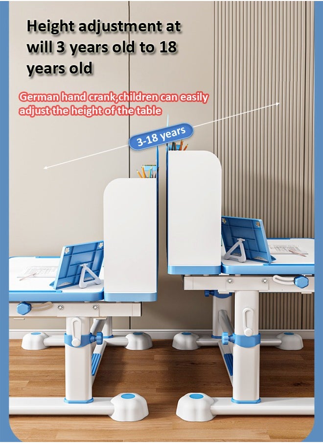 Modern Ergonomic Design Multifunction Adjustable Height Student Desk with Storage Shelfs Study Reading and Drawing Workstation Desk and Chair Kids Furniture 42x40x48 and 80x59x70 cm