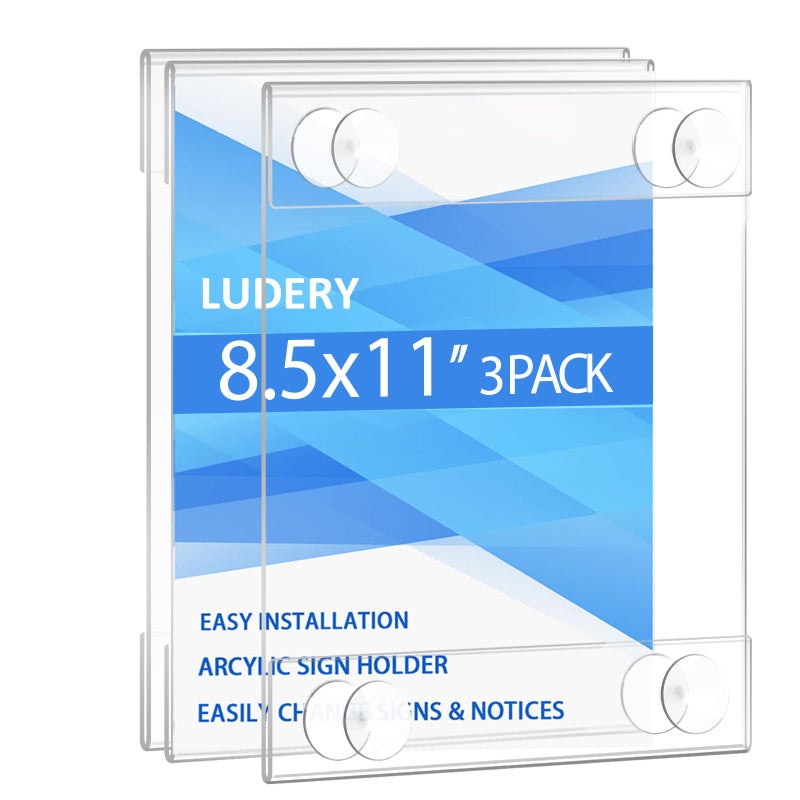 Ludery Acrylic Window Sign Holder 8.5 x 11 with 4 Suction Cups,Clear Acrylic Frames Glass Window Wall Mount,Advertising Signage Sign Holder for Mall, Office, Home, Store, Restaurant (3 Pack) - Image 1