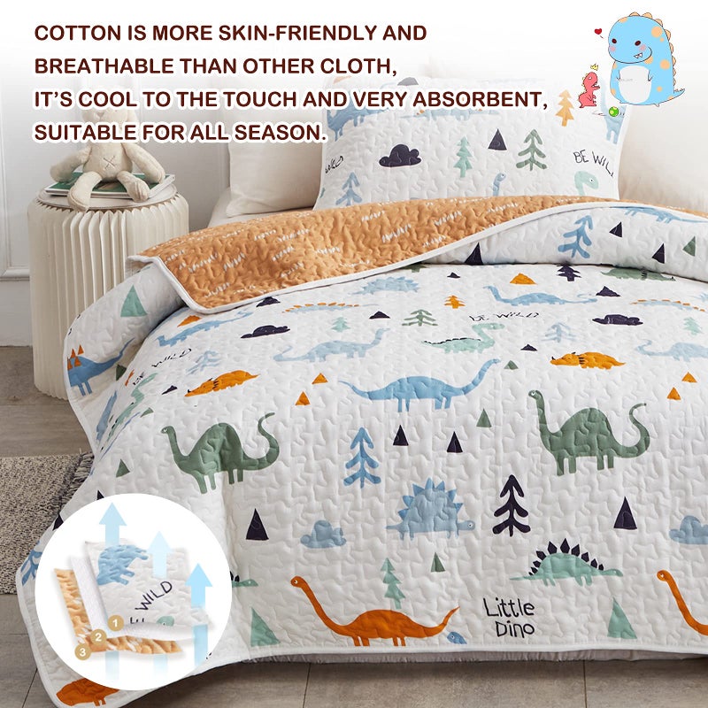 Joyreap 3-Piece Cotton Quilt Set Full/Queen, Cute Dinosaur Reversible Design for Kids Boys n Girls, Breathable Quilt Bedspread Bed Cover for All Season, 1 Quilt and 2 Pillow Shams- 90x90 inches - Image 3