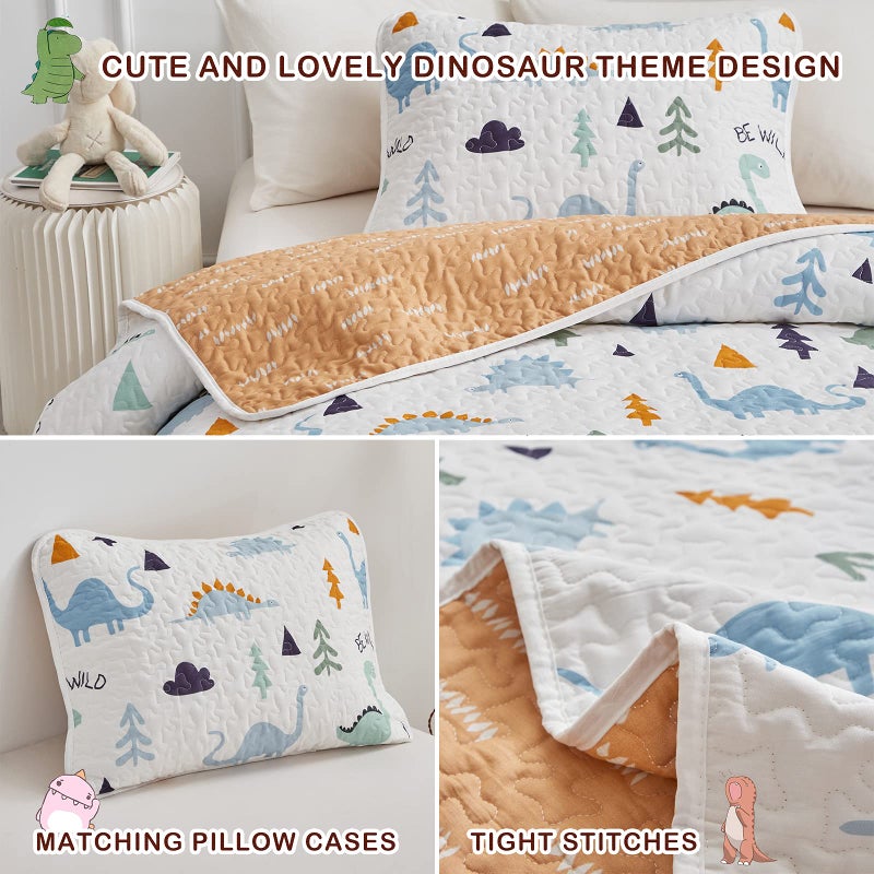 Joyreap 3-Piece Cotton Quilt Set Full/Queen, Cute Dinosaur Reversible Design for Kids Boys n Girls, Breathable Quilt Bedspread Bed Cover for All Season, 1 Quilt and 2 Pillow Shams- 90x90 inches - Image 5
