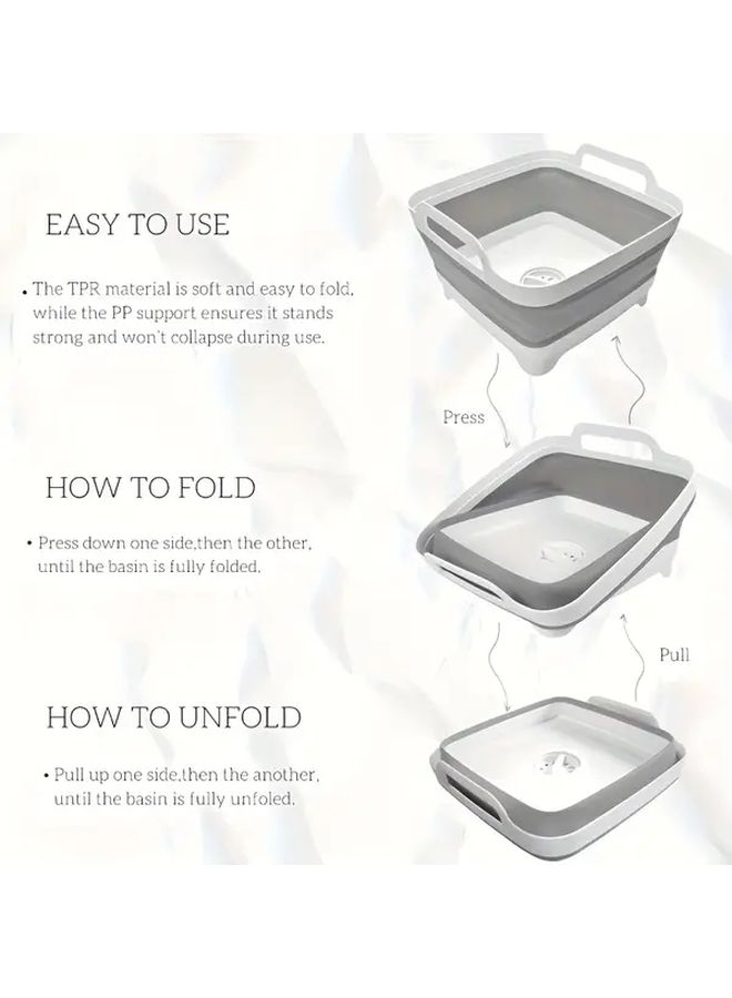 Portable Foldable Dish Basin Grey Collapsible Laundry Bucket With Drain Plug Space Saving Design For Camping RVs Kitchen Bathroom Compact Cleaning Tub Essential For Outdoor Enthusiasts Folding Bathtub Caravan Campervan Accessories - Image 4