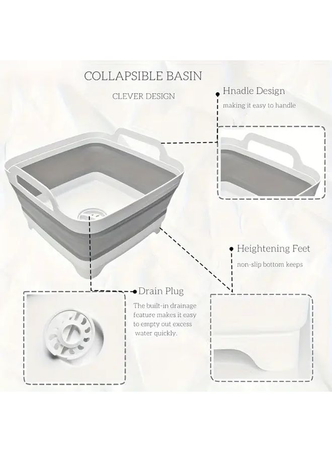 Portable Foldable Dish Basin Grey Collapsible Laundry Bucket With Drain Plug Space Saving Design For Camping RVs Kitchen Bathroom Compact Cleaning Tub Essential For Outdoor Enthusiasts Folding Bathtub Caravan Campervan Accessories - Image 1