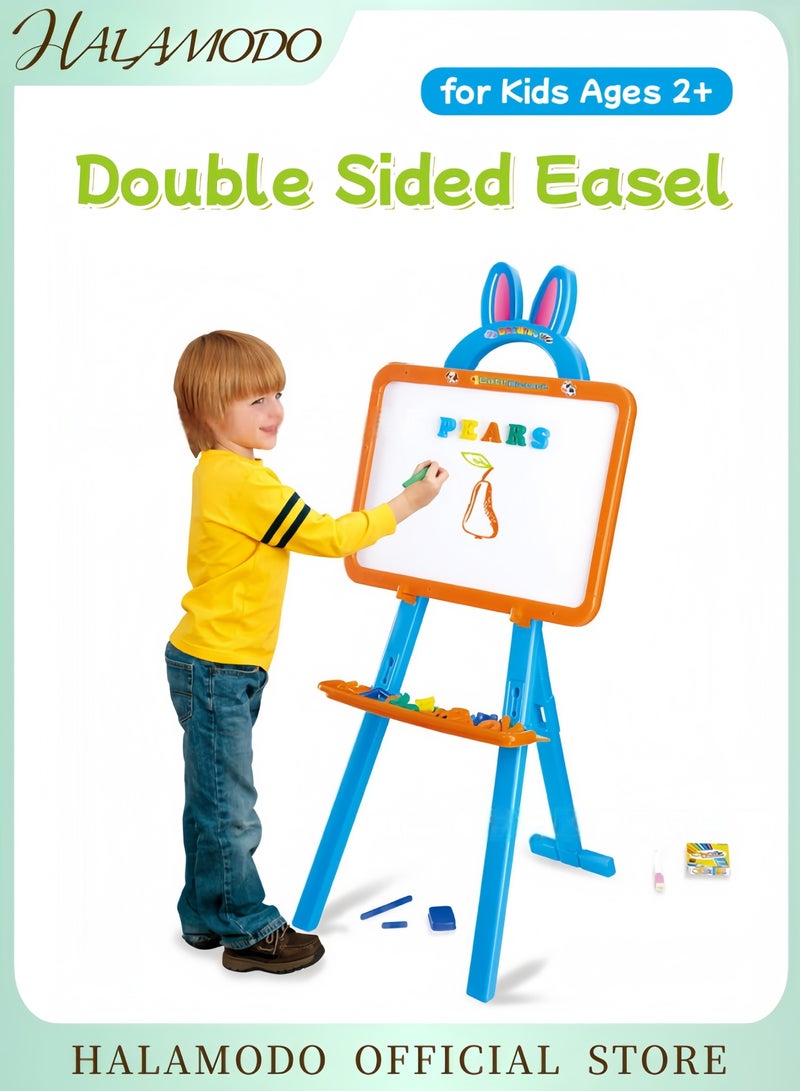 HALAMODO Kids Double-Sided Easel Magnetic Whiteboard & Chalkboard Adjustable Height Art Set for Toddlers Ages 2 and Up Perfect for Creative Play - Image 1