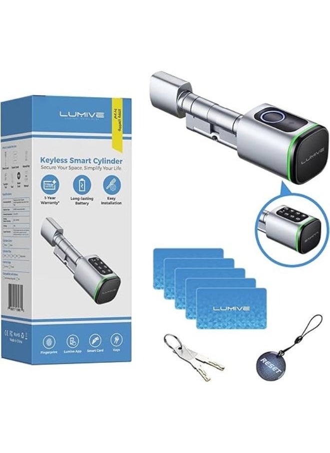 LUMIVE Lumive Smart Door Lock, Fingerprint + Keypad Door Lock, Bluetooth App Unlock,2 Keys,5 RFID Cards,Fixed Cylinder, Silver [Battery Included] (60mm Smart Cylinder)  - Image 1