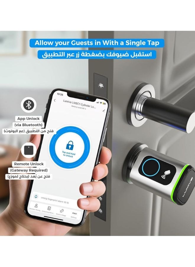 LUMIVE - Lumive Smart Door Lock, Fingerprint + Keypad Door Lock, Bluetooth App Unlock,2 Keys,5 RFID Cards,Fixed Cylinder, Silver [Battery Included] (60mm Smart Cylinder) - Image 1