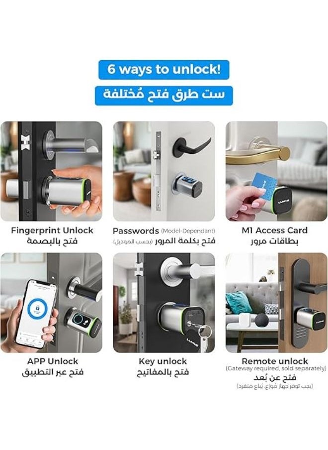 LUMIVE - Lumive Smart Door Lock, Fingerprint + Keypad Door Lock, Bluetooth App Unlock,2 Keys,5 RFID Cards,Fixed Cylinder, Silver [Battery Included] (60mm Smart Cylinder) - Image 1