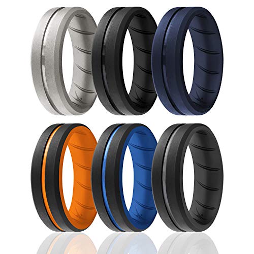 ROQ Silicone Rubber Wedding Ring for Men, Comfort Fit, Men's Wedding Band, Breathable Rubber Engagement Band, 8mm Wide 2mm Thick, Engraved Duo Middle Line, 6 Pack, Black, Grey, Dark Blue, Size 10 - Image 1
