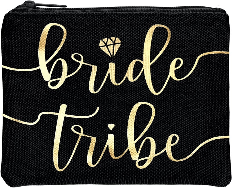 Bride Tribe Makeup Bags - Bridesmaid Favor for Bachelorette Party, Bridal Shower, Wedding. Cosmetics/Toiletries Bag, Wedding Survival Kit, Hangover Kit, Keepsake (1pc Bride Tribe, Black)