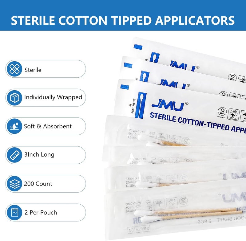 JMU Sterile Cotton Tipped Applicators 3", 200 Count Sterile Cotton Swabs, Wood Shaft Medical Swabs - Image 2