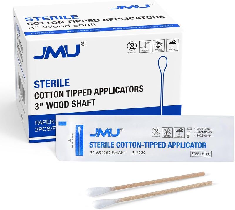JMU Sterile Cotton Tipped Applicators 3", 200 Count Sterile Cotton Swabs, Wood Shaft Medical Swabs - Image 1