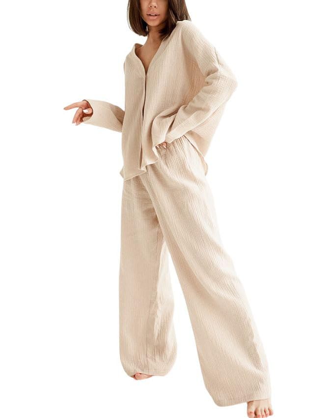 codcm Womens Cotton Gauze Loungewear Sets Casual 2 Piece Sleepwear Button Down Shirt and Wide Leg Pants Outfits(Khaki,Large) - Image 1