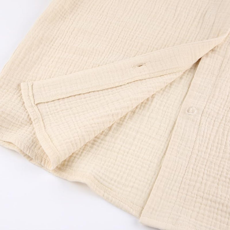 codcm Womens Cotton Gauze Loungewear Sets Casual 2 Piece Sleepwear Button Down Shirt and Wide Leg Pants Outfits(Khaki,Large) - Image 4