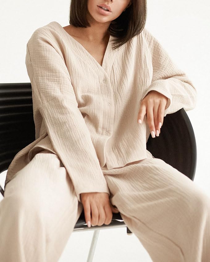 codcm Womens Cotton Gauze Loungewear Sets Casual 2 Piece Sleepwear Button Down Shirt and Wide Leg Pants Outfits(Khaki,Large) - Image 2