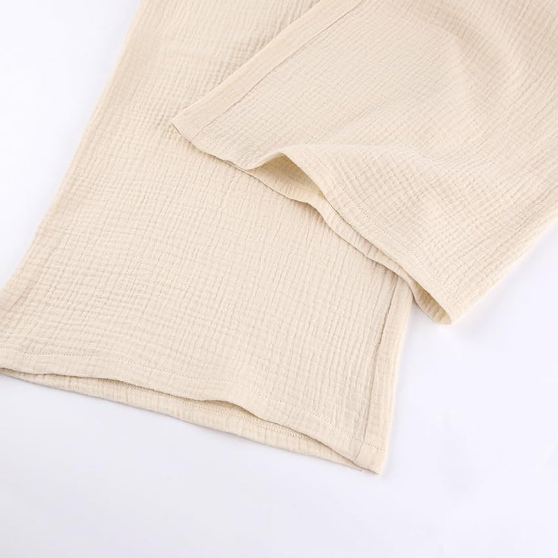 codcm Womens Cotton Gauze Loungewear Sets Casual 2 Piece Sleepwear Button Down Shirt and Wide Leg Pants Outfits(Khaki,Large) - Image 5