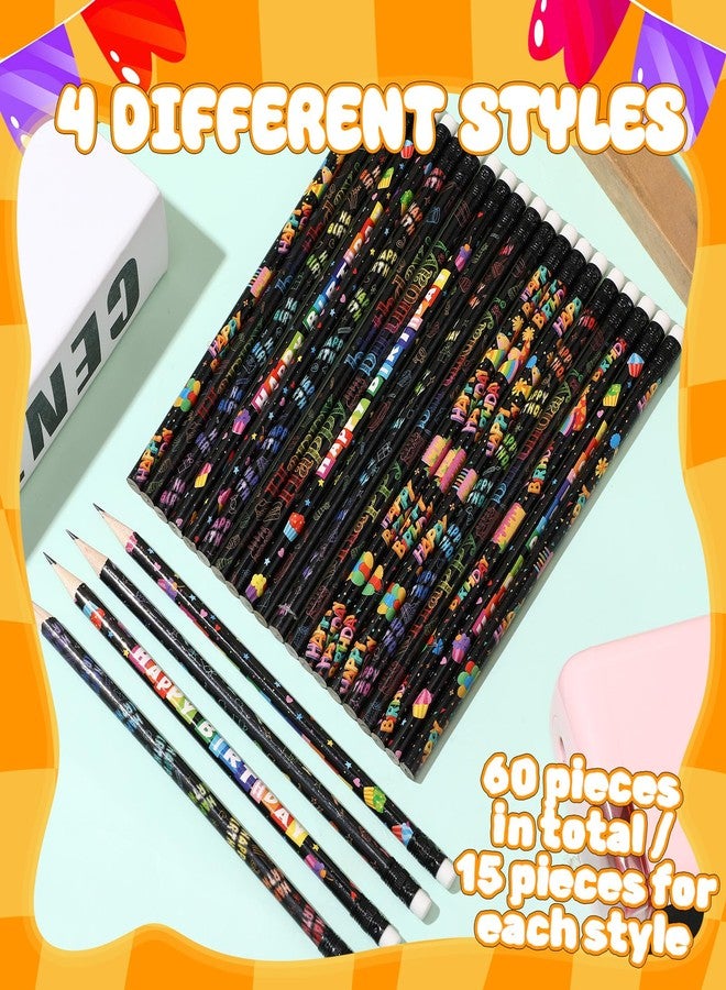 Sabary 60 Pcs Happy Birthday Pencils Colorful Birthday School Student Supplies Unsharpened HB Pencils with Erasers Stationery Bulk for Teacher Classroom Reward Party Supplies(Black,Birthday) - Image 3