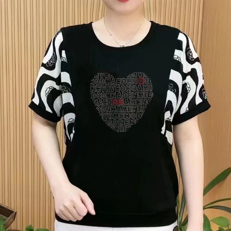 Mother'S Summer Ice Silk Short-Sleeved Top T-Shirt Fashionable Western Style Middle-Aged And Elderly Plus Size Loose Drilling Outer Small Shirt - Image 1